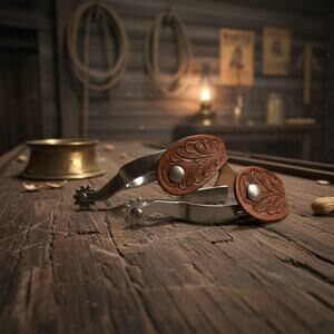 Vintage Crockett Western Spurs-Engraved Steel-Tooled Leather-Cowboy-Ranch-Rustic